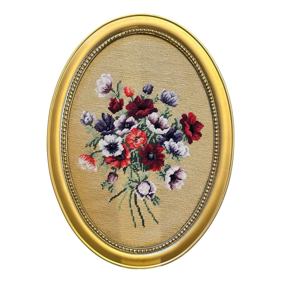 Vtg 70s 80s Floral Needlepoint Wall Art Gold Beaded Oval Frame 22.5" X 16.5" - Picture 1 of 5